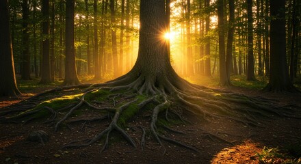 Obraz premium Golden sunlight through forest trees roots