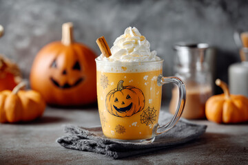 Pumpkin spice latte with halloween mug in halloween decorated kitchen