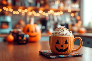 Pumpkin spice latte with halloween mug in halloween decorated kitchen