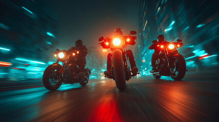 Obraz premium Motorcycle riders navigate urban streets under neon glow at night