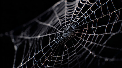 Spider web with water drops on black background