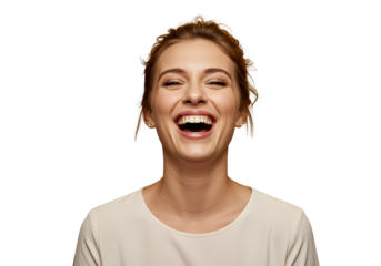 woman laughing with head tilted back, isolated 