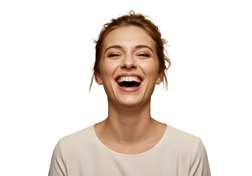 woman laughing with head tilted back, isolated 
