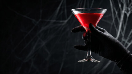 Woman with black glove holding a red cocktail. Halloween party invitation concept