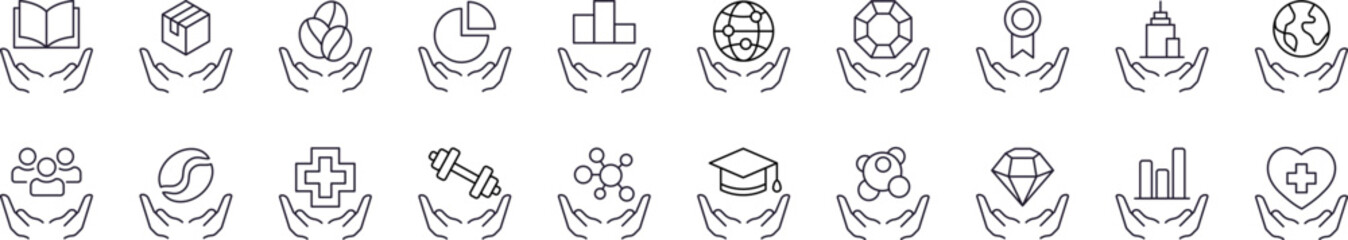 Collection of Charity and Gift Related Line Icons. Education, Healthcare, Stone Outline Signs for Graphic and Web Design, Apps, Adverts, Various Cards