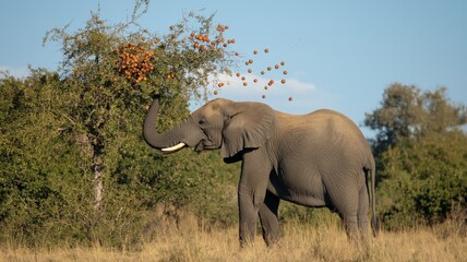 Fototapeta premium A large elephant uses its trunk to knock ripe fruits from a tree in a serene wildlife reserve.