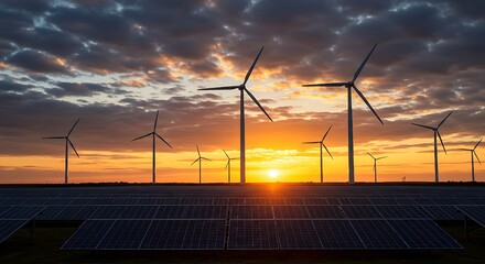 A vibrant sunset illuminates a sprawling landscape of solar panels and towering wind turbines, symbolizing the powerful embrace of renewable energy and a sustainable future.