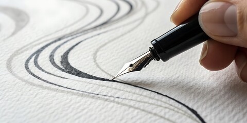 A high-speed capture of a black ink pen drawing a fluid abstract line on white textured paper, ink slightly bleeding, hand partially visible in motion blur, strong focus on pen tip and ink flow, soft 