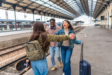 Young tourists meeting at train station and hugging each other