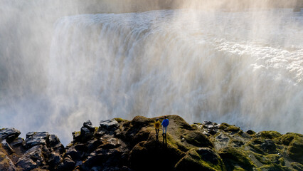 Majestic view of the powerful Dettifoss waterfall in Iceland during golden hour