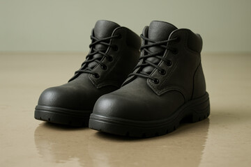Durable black leather work boots with sturdy rubber soles and reinforced toe caps on a polished indoor surface