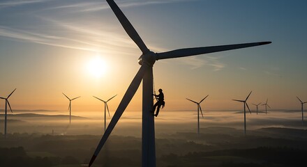 A lone worker ascends a massive wind turbine at sunrise, a striking silhouette against the misty, golden horizon, symbolizing dedication to renewable energy and the future of clean technology.