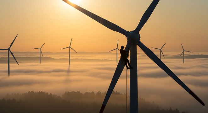 With the sun rising majestically behind, a silhouetted figure on a wind turbine illustrates the hands-on commitment to renewable energy infrastructure, a creative concept of progress and environmental