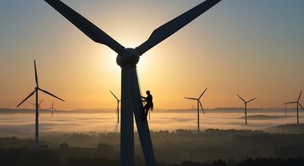 The inspiring scene of a real person performing maintenance on a wind turbine during a breathtaking sunrise captures the essence of innovation, human effort, and the powerful embrace of eco-friendly e