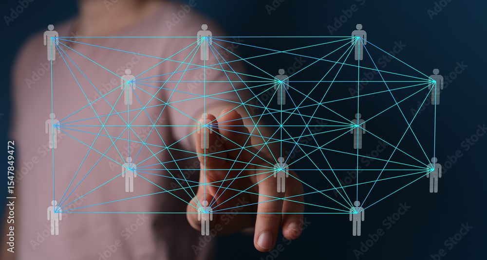 Poster Abstract image depicting a complex network of interconnected individuals, symbolizing global communication and collaboration.