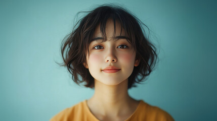 young Japanese woman with curly hair smiles softly against blue background, radiating warmth and joy.