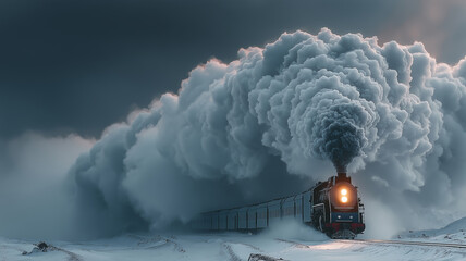 Majestic steam locomotive billows clouds of steam against a moody sky