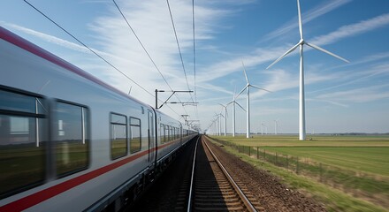The blurred motion of the ICE train against the static, majestic wind turbines creates a vivid contrast, highlighting the innovation in both transportation and renewable energy that defines a greener 