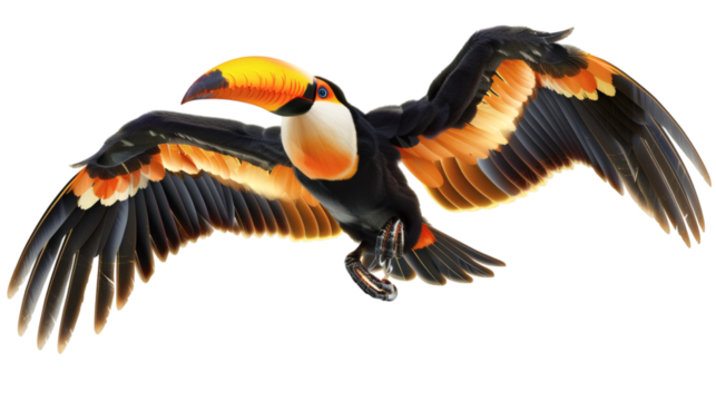Toucan in mid-flight with outstretched wings isolated on a white background - Powered by Adobe