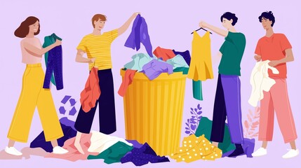 Friends sorting colorful clothes by a recycling bin during a weekend cleaning event in a bright and cheerful atmosphere