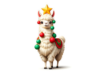 Festive Alpaca with Christmas Ornaments: A Whimsical Holiday Illustration