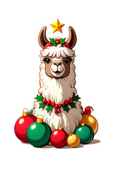 Festive Alpaca with Christmas Ornaments: A Whimsical Holiday Illustration