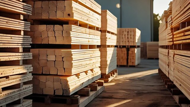 Stacked Lumber Planks on Wooden Pallets in Outdoor Storage Yard with Warm Sunlight and Industrial Sawmill Environment

