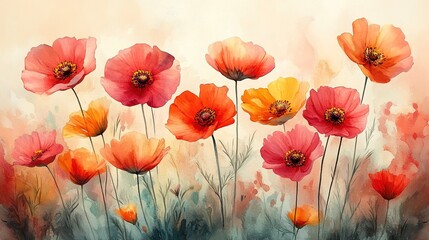 Abstract watercolor wildflowers with bright splashes and artistic blur on soft pastel background, modern minimalist home decor style for wall art, print or frame.