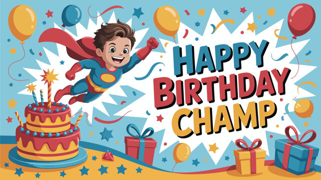 cheerful superhero-themed birthday celebration with smiling boy in cape, colorful cake, balloons, gifts, stars, and festive confetti