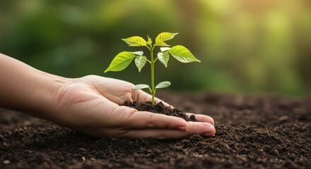 Nurturing New Life: A close-up shot captures the gentle touch of a hand cradling a delicate seedling, symbolizing growth, hope, and the bond between humanity and nature.