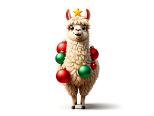 Festive Alpaca with Christmas Ornaments: A Whimsical Holiday Illustration