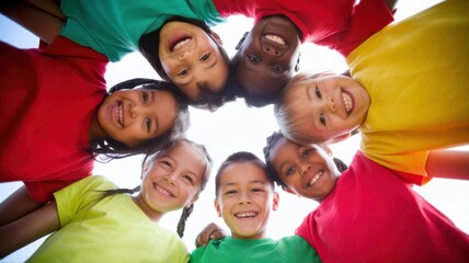 Group of Diverse Children Forming a Circle with Heads Together and Bright Smiles