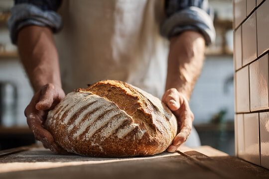 Baker pulling fresh sourdough loaf from oven, bread and hands left aligned