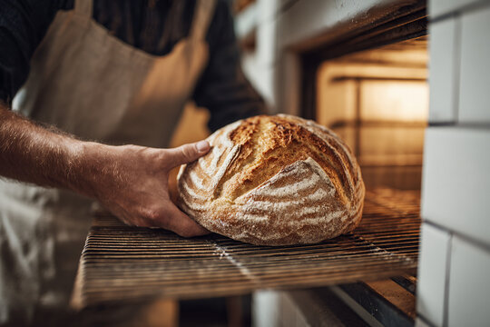 Baker pulling fresh sourdough loaf from oven, bread and hands left aligned