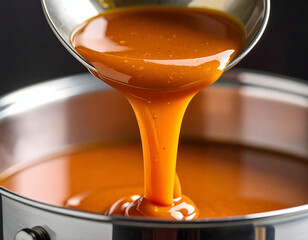 Meal preparation at home for dinner shows process of pouring rich caramel sauce into stainless steel pot closeup preparation