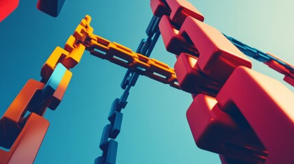 Dynamic abstract chains intertwine against a blue backdrop. Vivid colors bring energy and depth to the image. A visually striking representation of connectivity. Generative AI