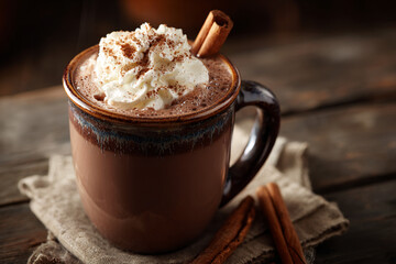 Cup of artisan hot chocolate with whipped cream and cinnamon stick, mug to the right side on dark wooden table