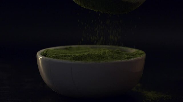 Sift matcha powder with a fine sieve. Taken with a high-resolution macro lens.