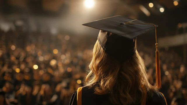 Graduate Celebrates Achievement on Stage Before Enthusiastic Audience at Ceremony