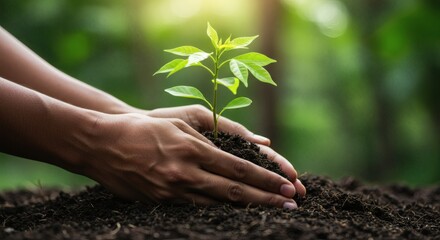 Fototapeta premium Nurturing Life: A close-up shot capturing hands tenderly cradling a seedling as it begins its life, symbolizing growth, environmental stewardship and sustainability. 