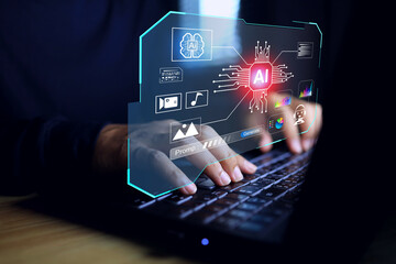 ai genetics concept with businessman using laptop computer to command artificial intelligence as...