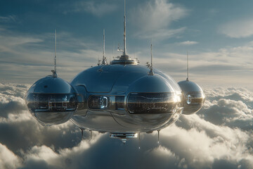 Floating city pod with reflective domes and antennas, top-lit with clouds below