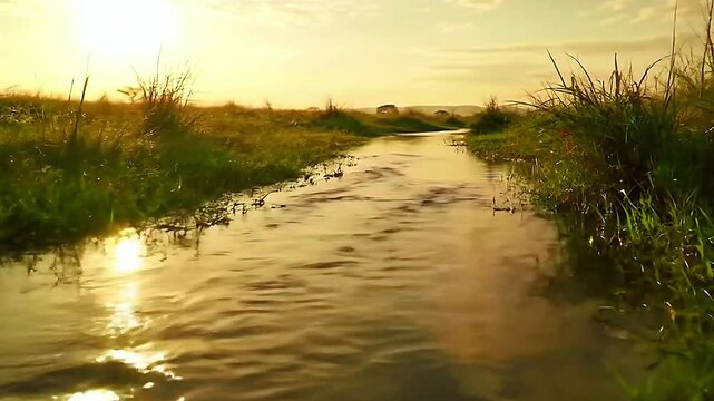 Savanna stream at golden sunrise &ndash; crystal-clear water flows gently across a flat grassy plain, golden sunlight bathes the surface, tall grasses static in the windless air, thin clouds drift slowly