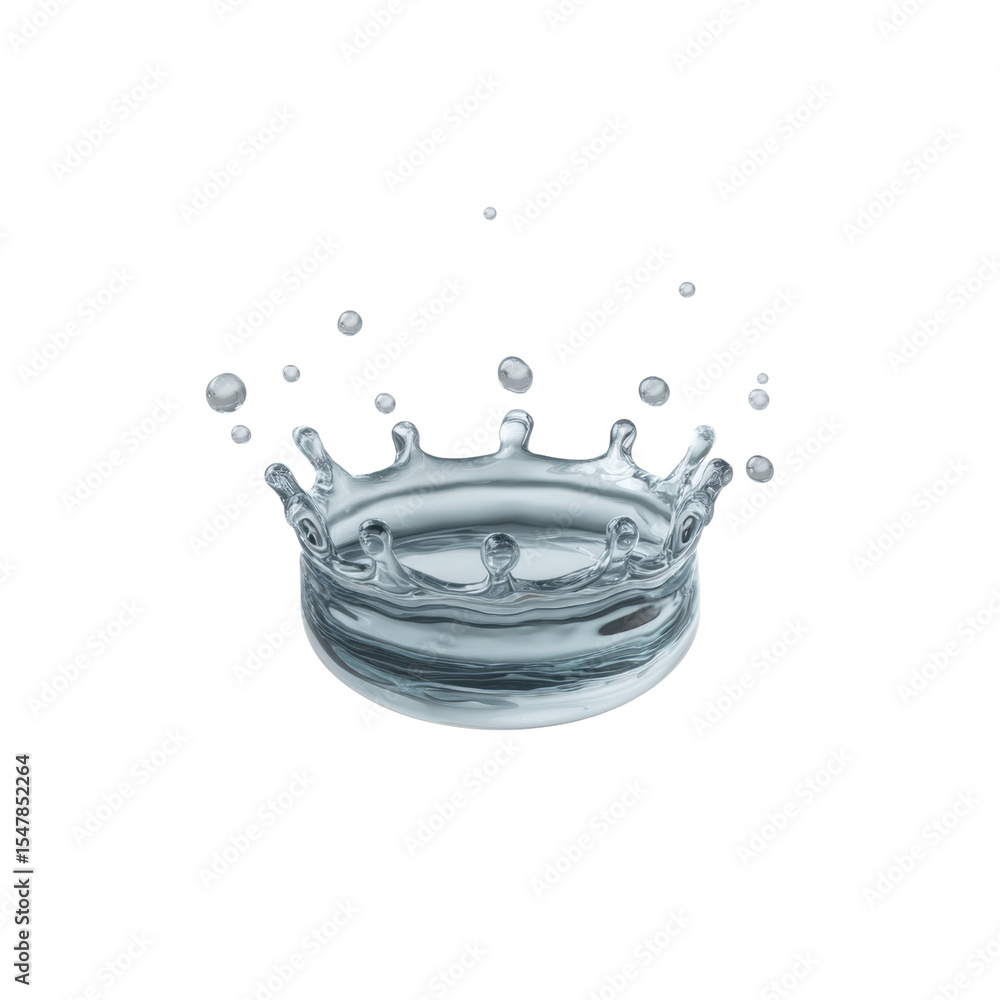 Poster stunning water splash with droplets creating a beautiful crown shape in clear liquid environment for