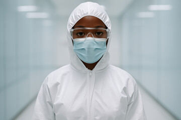 Healthcare professional in protective suit and mask standing in sterile medical corridor, practicing safety and hygiene protocols
