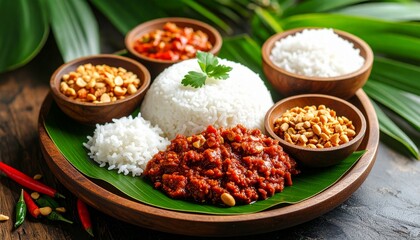 Fiery Dendeng Balado on rustic wood plate, drenched in thick red sambal, paired with white rice and fried peanuts, surrounded by tropical leaves and Minangkabau spices—authentic and bold.