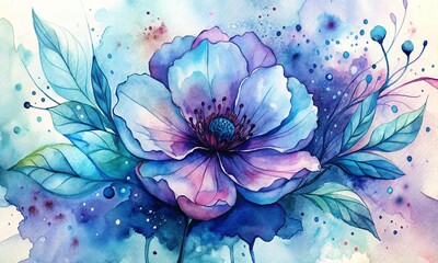 Delicate hand drawn watercolor flower in blue and violet tones. Alcohol ink art. Raster illustration.
