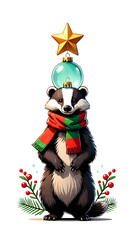 Festive Badger with Christmas Decorations: A Whimsical Holiday Illustration