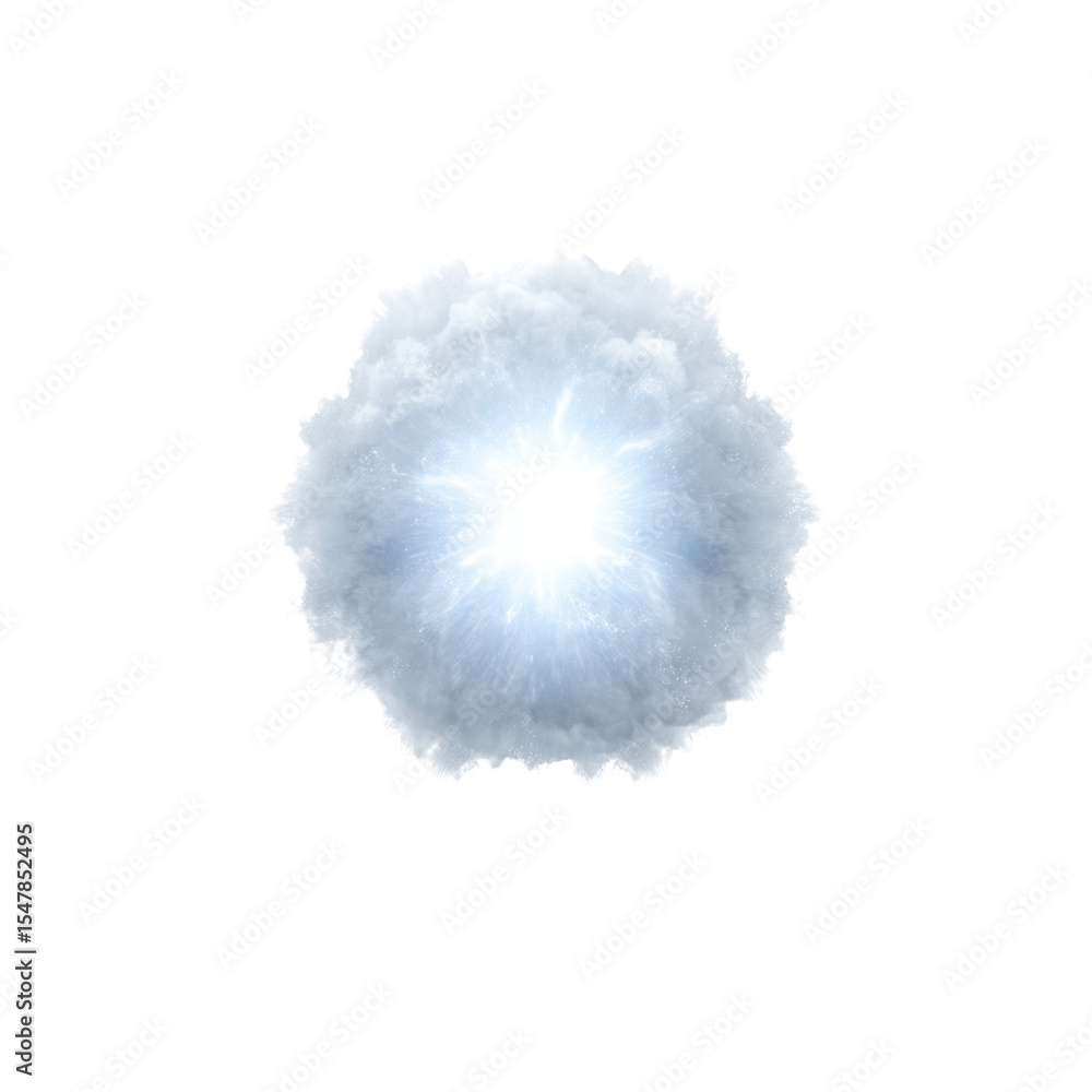 Poster bright explosive burst surrounded by soft gray clouds representing energy and motion in a dramatic s