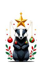 Festive Badger with Christmas Decorations: A Whimsical Holiday Illustration